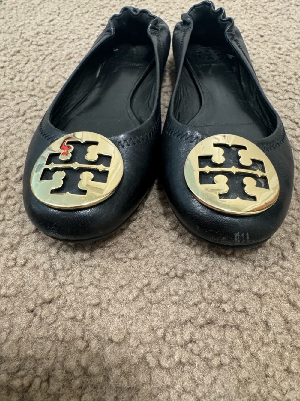 Tory Burch Black Leather Flats with Gold Logo Medallion